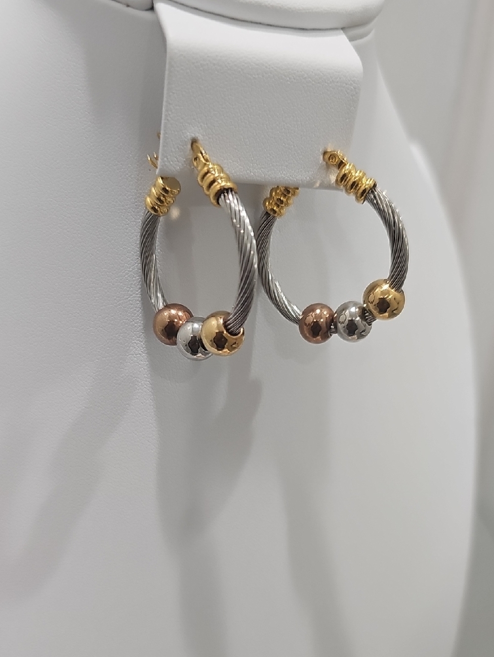 Tri-Tone Cable Hoop Earrings - Gold, Silver, Rose Gold